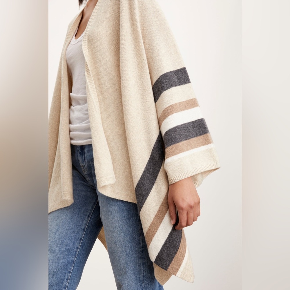 HAPER & LIV open weave stripe open front poncho wrap shawl scarf blue tan beige